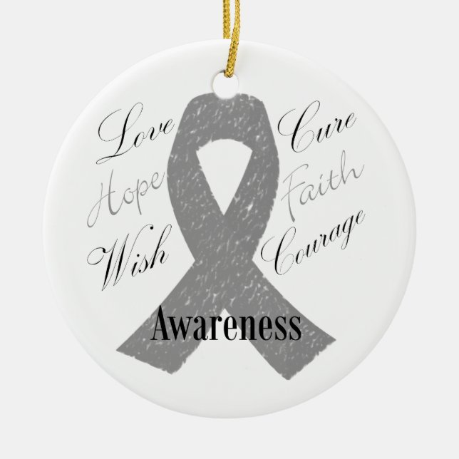 Grey ribbon brain cancer awareness ceramic ornament (Front)