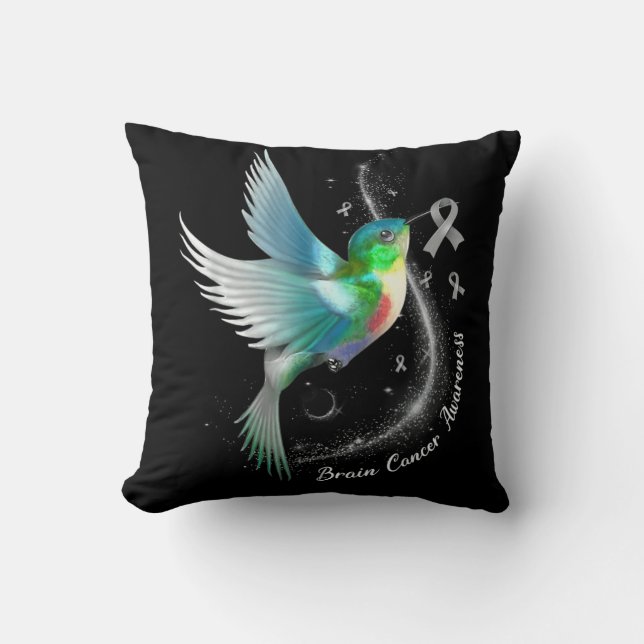 Grey Ribbon Hummingbird Brain Cancer Awareness Mon Throw Pillow (Front)