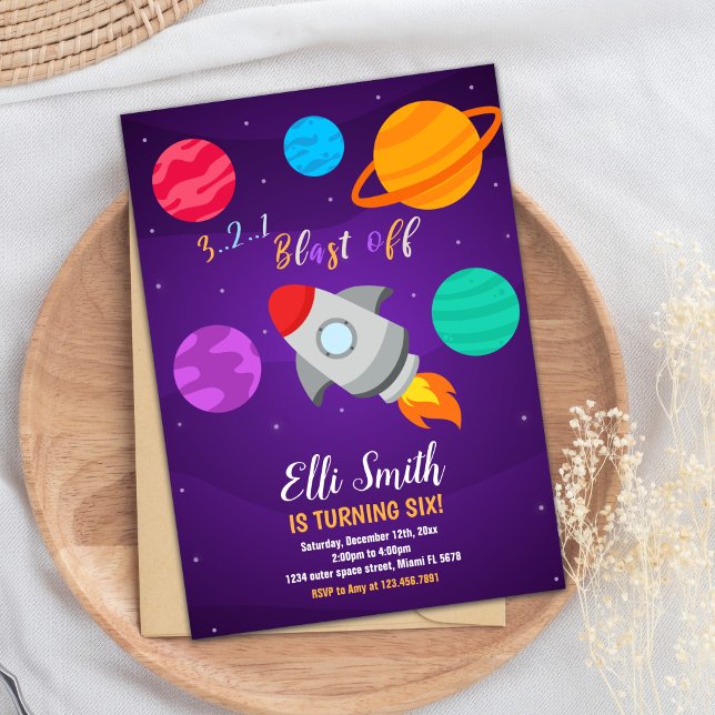 Grey Rocket Blast Off Birthday Invitation (Gray Rocket Blast Off Birthday Invitations)