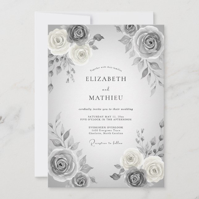 Grey Romantic Floral Wedding Invitation (Front)