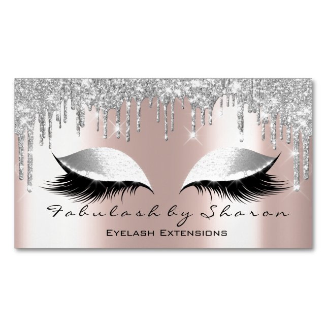 Grey Rose Glitter Spark Drips Makeup Artist Lashes Magnetic Business Card (Front)