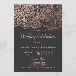 Grey rose gold floral typography chic wedding invitation