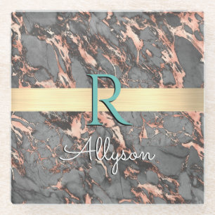 Grey & Rose Gold Marble, Gold Bar, Name & Monogram Glass Coaster