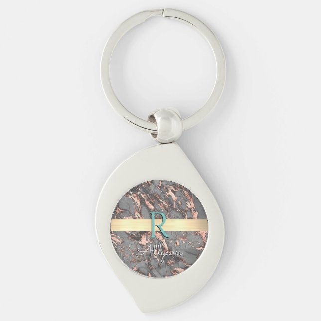Grey & Rose Gold Marble, Gold Bar, Name & Monogram Keychain (Front)