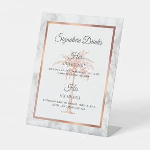Grey Rose Gold Palm Tree Wedding Signature Drinks Pedestal Sign