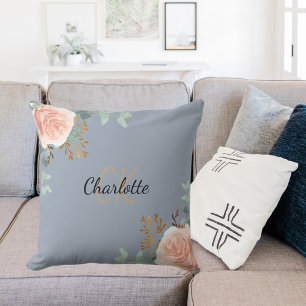 Grey rose gold pink floral monogram name throw pillow