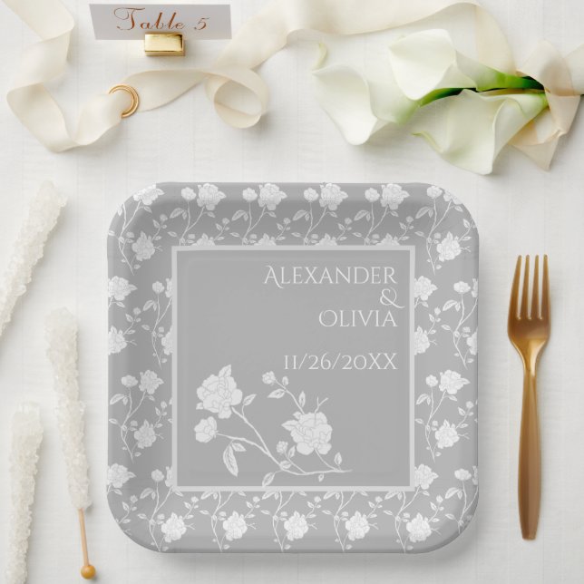 Grey Rose Wedding Shower Paper Plates (Wedding)