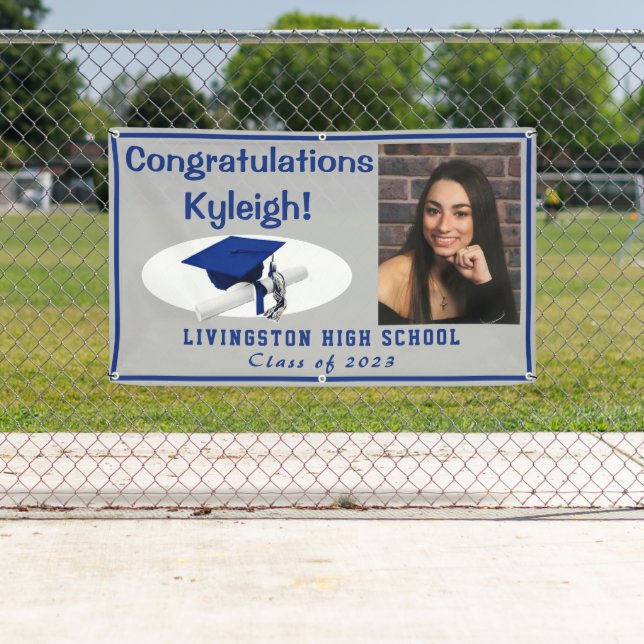 Grey & Royal Blue Vinyl Graduation Photo Banner (Insitu)