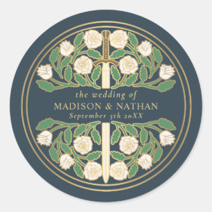 Grey Royal Medieval Floral Sword Wedding Classic Round Sticker