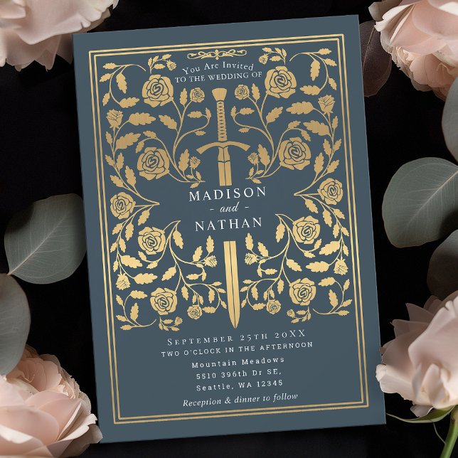 Grey Royal Medieval Gold Sword Wedding Invitation (Creator Uploaded)