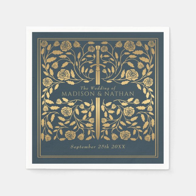Grey Royal Medieval Gold Sword Wedding Napkin (Front)