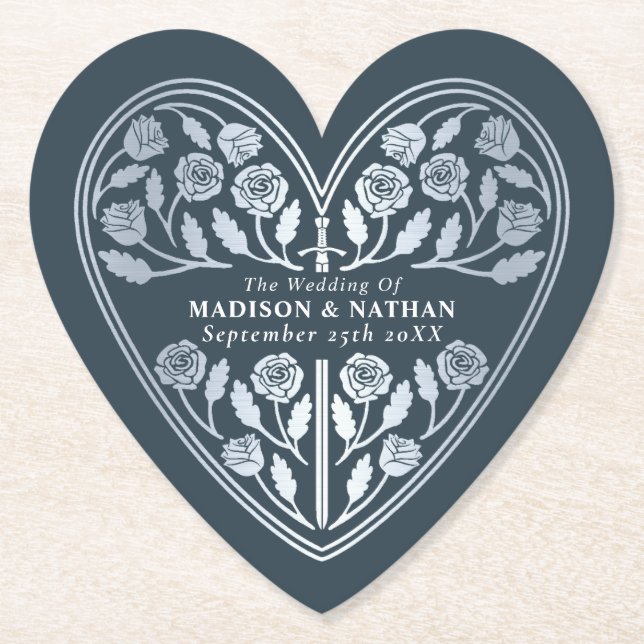 Grey Royal Medieval Silver Sword Wedding Paper Coaster (Front)
