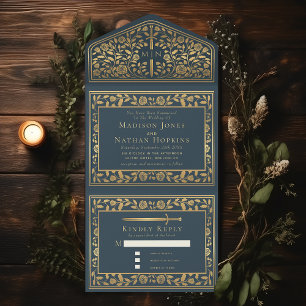 Grey Royal Medieval Sword Wedding All In One Invitation