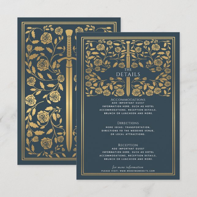 Grey Royal Medieval Sword Wedding Details  Enclosure Card (Front/Back)