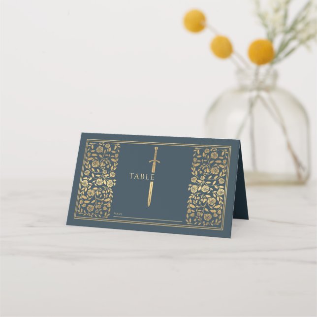 Grey Royal Medieval Sword Wedding Place Card (Front)