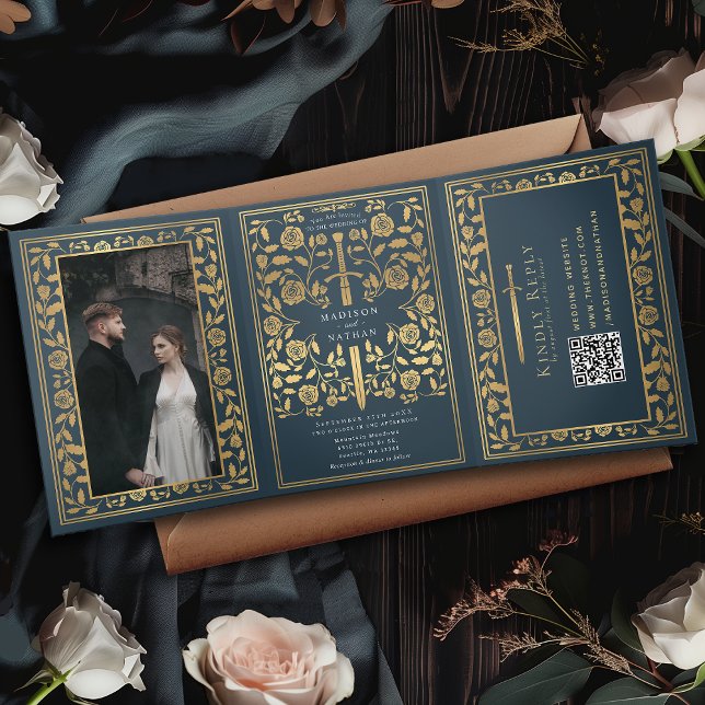 Grey Royal Medieval Sword Wedding QR Code Tri-Fold Invitation (Creator Uploaded)