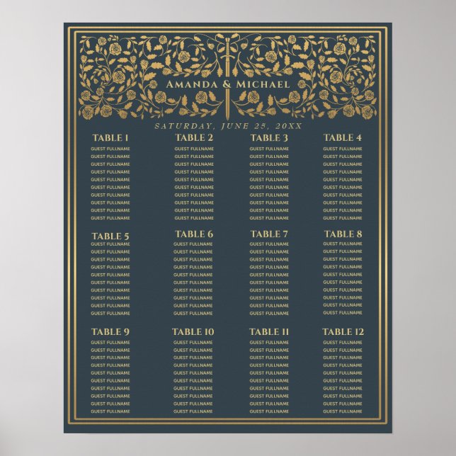 Grey Royal Medieval Sword Wedding Seating Chart (Front)