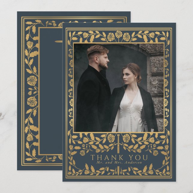 Grey Royal Medieval Sword Wedding Thank You Card (Front/Back)