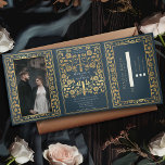 Grey Royal Medieval Sword Wedding Tri-Fold Invitation<br><div class="desc">Announce your wedding in style with this medieval fantasy tri-fold invitation! This invite features a majestic gold sword and florals, with a special photo of the couple against a grey background—the perfect mix of romance and adventure. NOTE: This design does NOT feature real foil. The placeholder image was provided by...</div>