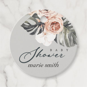 GREY RUST BLUSH MONSTERA FLORAL BABY SHOWER FAVOUR TAGS