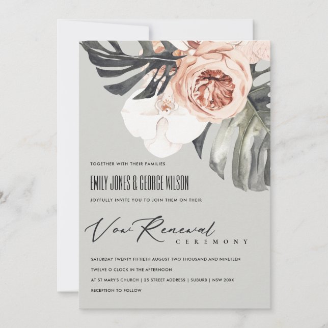 GREY RUST FLORAL MONSTRERA LEAF VOW RENEWAL INVITE (Front)