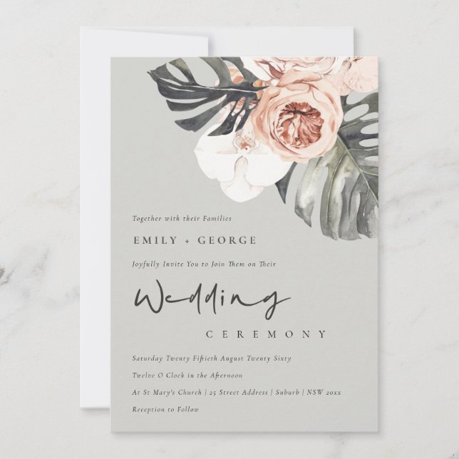 GREY RUST FLORAL MONSTRERA LEAF WEDDING INVITE (Front)