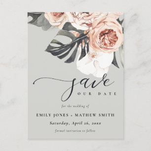 GREY RUST MONSTERA WATERCOLOR FLORAL SAVE THE DATE ANNOUNCEMENT POSTCARD