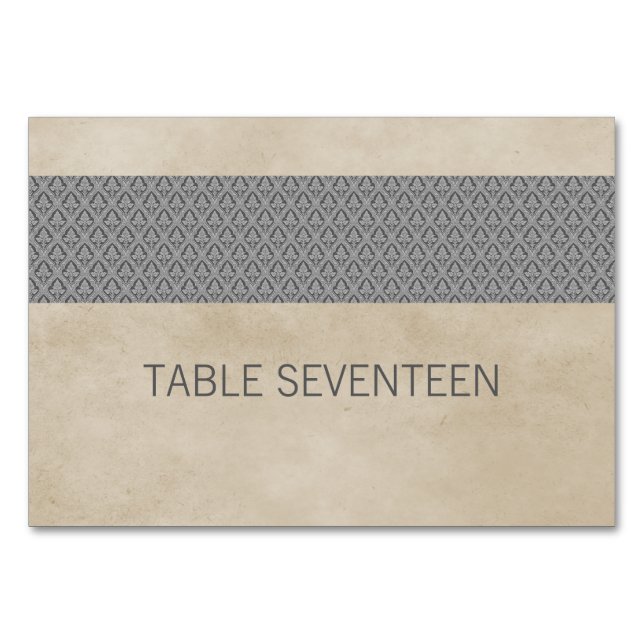 Grey Rustic Damask Table Card (Front)