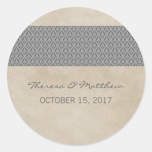 Grey Rustic Damask Wedding Stickers (Front)