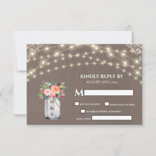 Grey Rustic Flower Mason Jar String Lights  RSVP Card