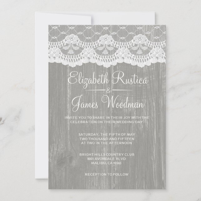 Grey Rustic Lace & Barn Wood Wedding Invitations (Front)