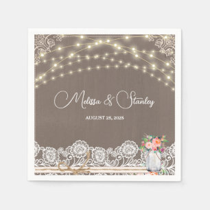 Grey Rustic Lace String Light Mason Jar Wedding Napkin