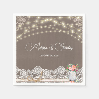 Grey Rustic Lace String Light Mason Jar Wedding Napkin