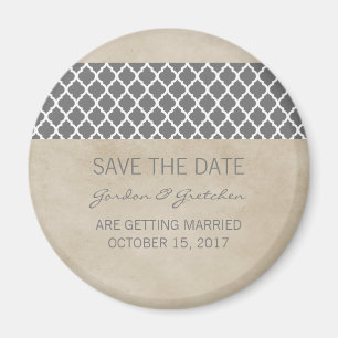 Grey Rustic Quatrefoil Save the Date Magnet
