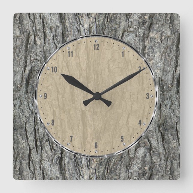 Grey Rustic Wood Bark Square Wall Clock (Front)