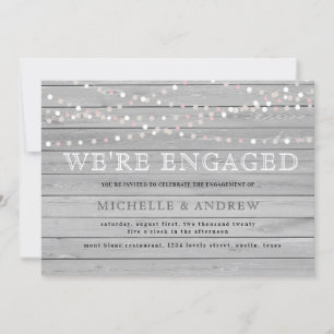 Grey rustic wood pastel string lights engagement invitation