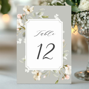 Grey Sage White Elegant Floral Wedding Table Number