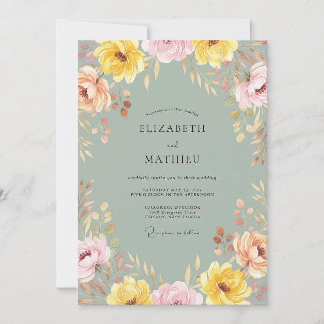 Grey Sage Yellow Wildflower Wedding Invitation (Front)