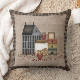 Grey Saltbox House - Primitive Country Throw Pillow