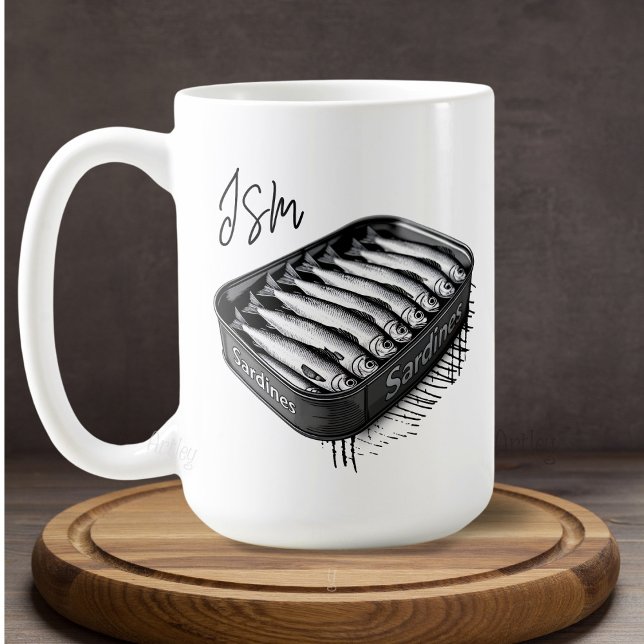 Grey Sardine Art Tin Custom Monogram Name  Coffee Mug (Creator Uploaded)