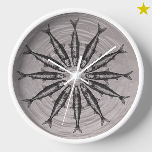Grey Sardine Drawing Sketch Fish Pattern Clock