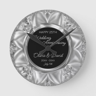 Grey Satin & Silver Diamonds Wedding Anniversary  Round Clock