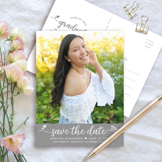 Grey Save the Date Graduation Photo Script Hearts Invitation Postcard (Creator Uploaded)