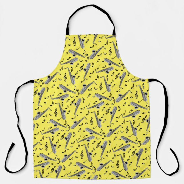Grey Saxophone Music Note Pattern Apron (Front)