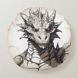 Grey Scale Dragon Round Pillow