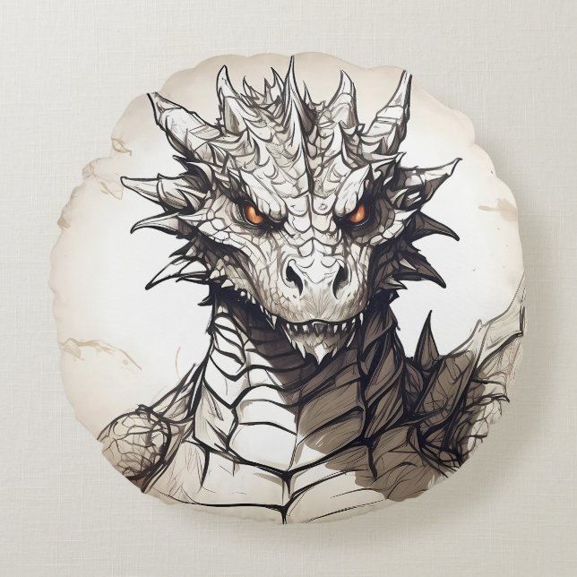 Grey Scale Dragon Round Pillow (Front)