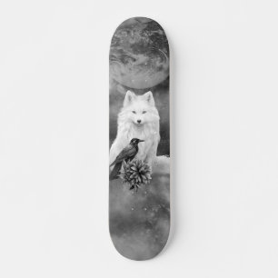 Grey Scale White Fox Fantasy Raven Moon Skate Deck