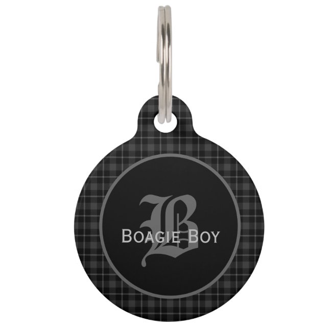 Grey Scottish Plaid Monogrammed Large Pet Tag (Front)
