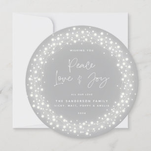 Grey Script Font Peace Love+Joy Sparkling Lights Holiday Card
