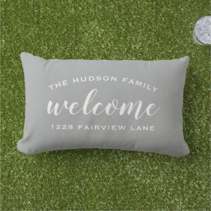 Grey Script Welcome Monogram Porch Lumbar Pillow